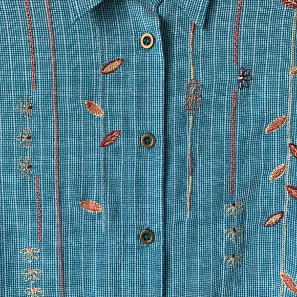 Vintage Koret Teal Blue Button Up Shirt Embroider Flowers Roll Tab Sleeves Small - Picture 14 of 16